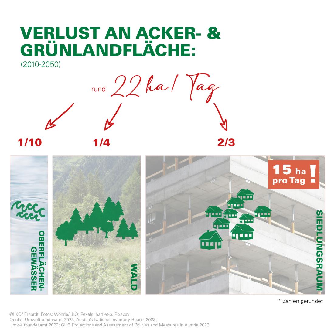 Grafik zur Darstellung der vergangenen und zukünftigen Entwicklung der Landnutzungsänderung ohne zusätzliche Maßnahmen. Der hochgerechnete Verlust an Acker- und Grünlandfläche von 2021 – 2050 beträgt rund 15 ha pro Tag. Davon gehen ein Zehntel zu Wald, ein Viertel zu Oberflächengewässer und zwei Drittel zu Siedlungsraum.