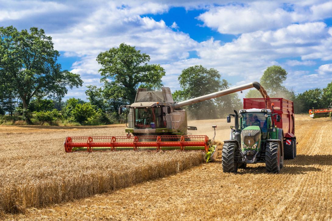 Mähdrescher und Traktor mit Ladewagen bei der Getreideernte