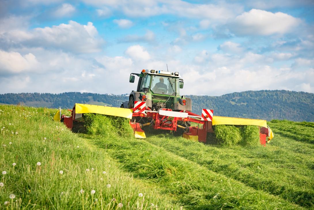 Ein Traktor mit Mähwerk mäht eine Wiese