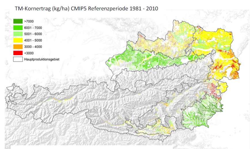 Trockenmasse-Kornerträge in Österreich 1981 - 2010